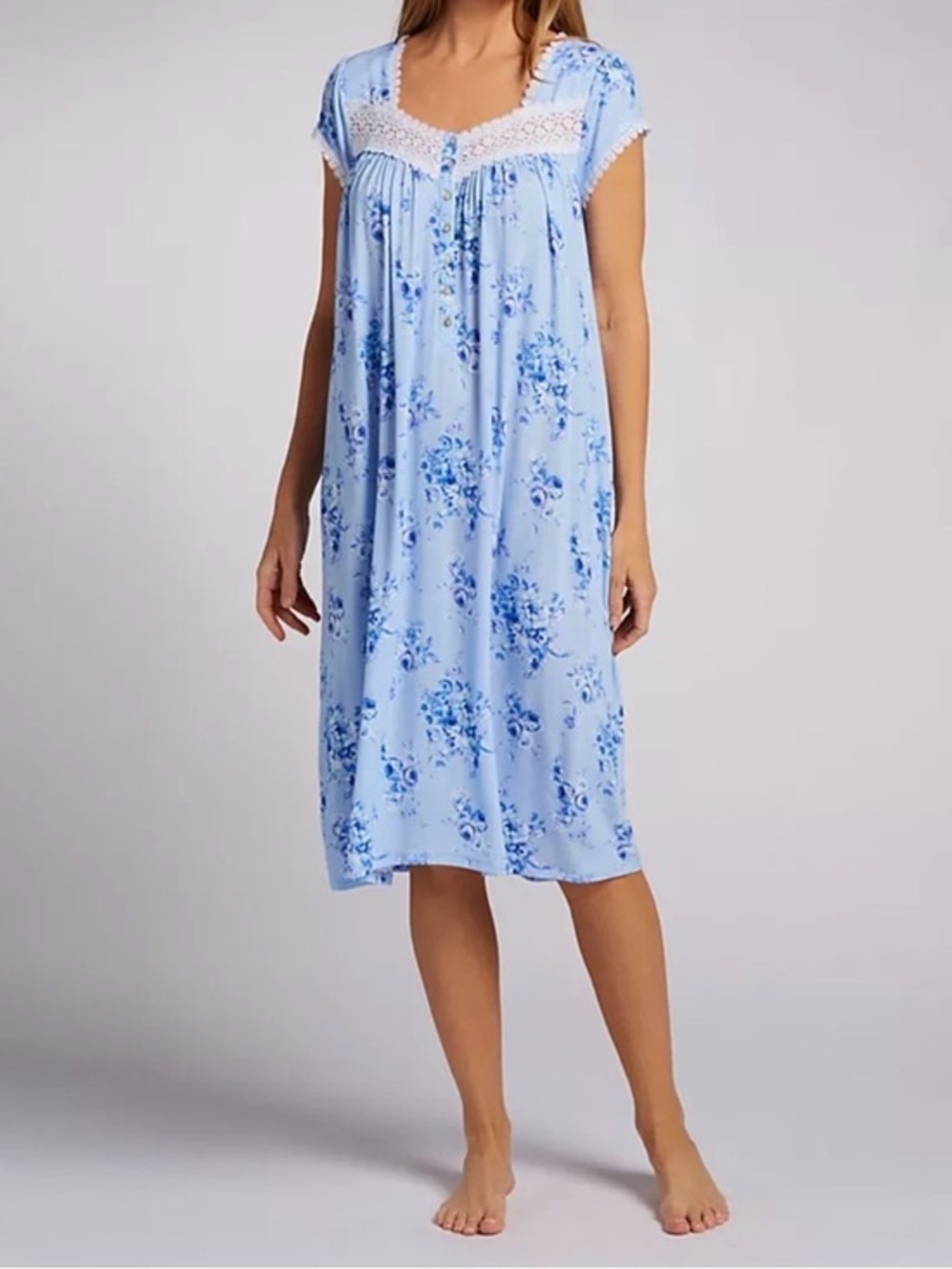 Eileen West Blue Roses Soft Modal Cap Sleeves Long Nightgown